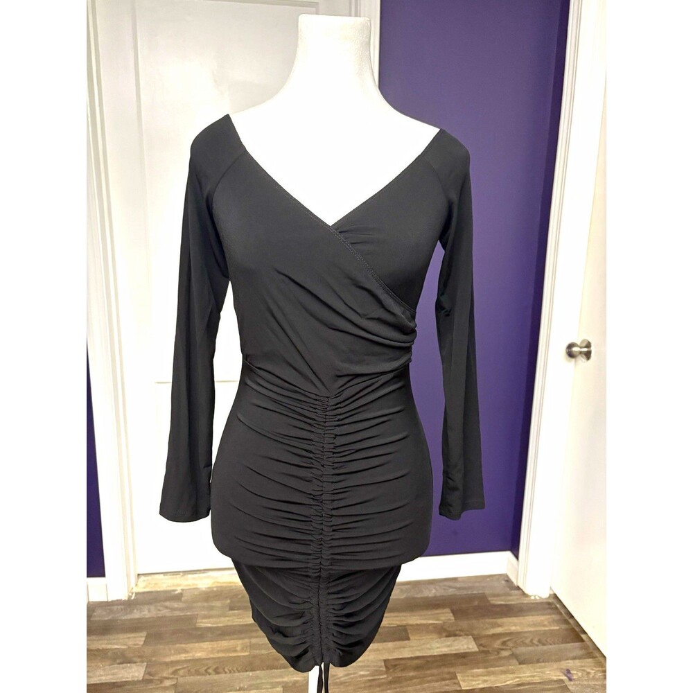 NWT Flounce London Black Ruched Bardot Bodycon Mini Dress Long Sleeve Size 6